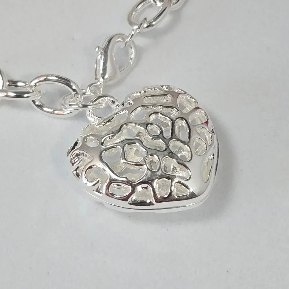 Puffy Filigree Heart Bracelet Stainless Steel Chunky Chain Love Romantic Gift